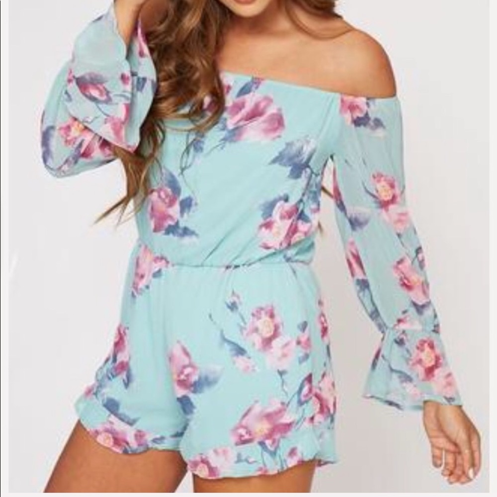 Blue Floral Off Shoulder Romper